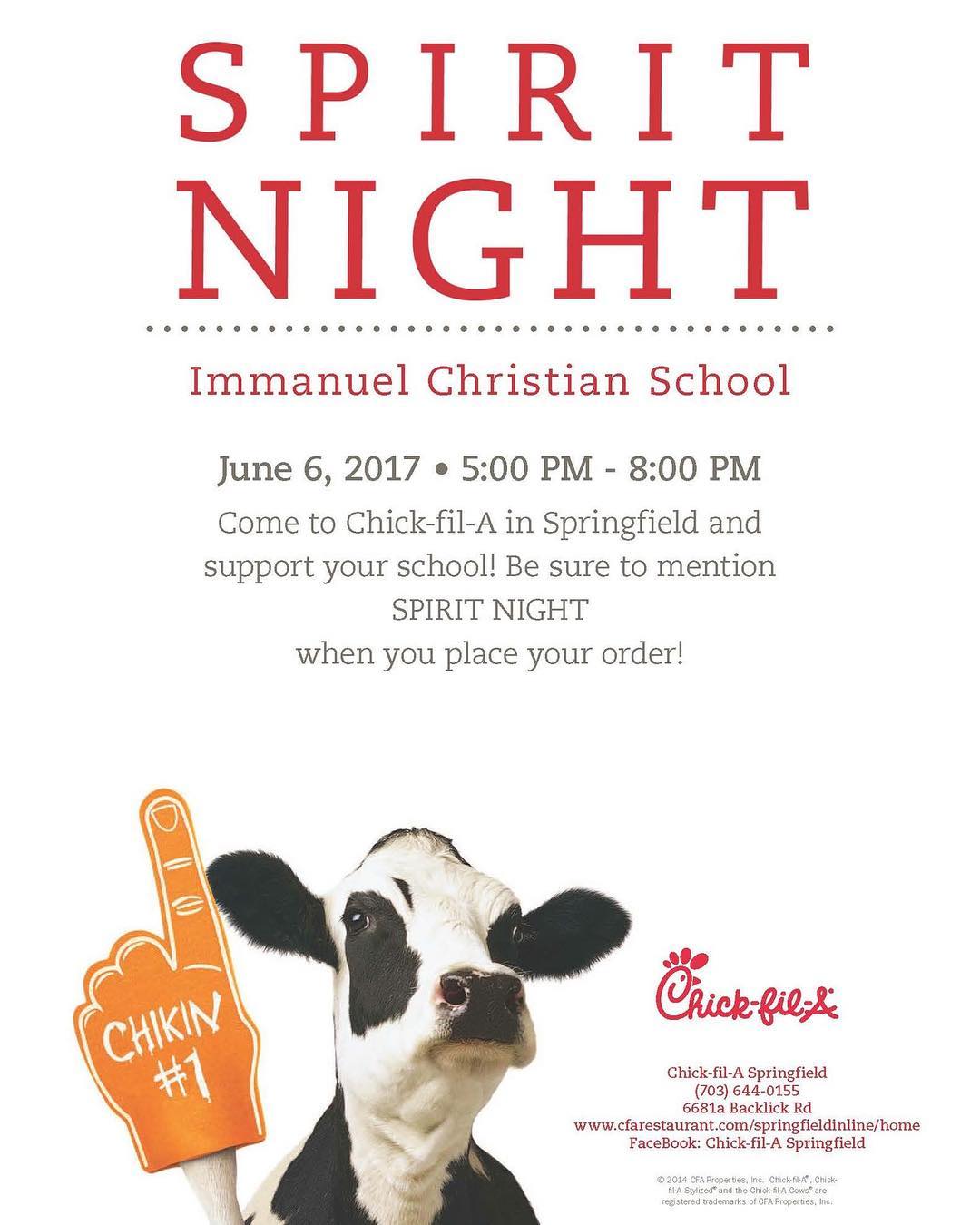ICS SPIRIT NIGHT TONIGHT!!! Join us at the Springfield Chick-Fil-A tonight from 5:00-8:00 p.m. Mention our school when you order. Look forward to seeing you there