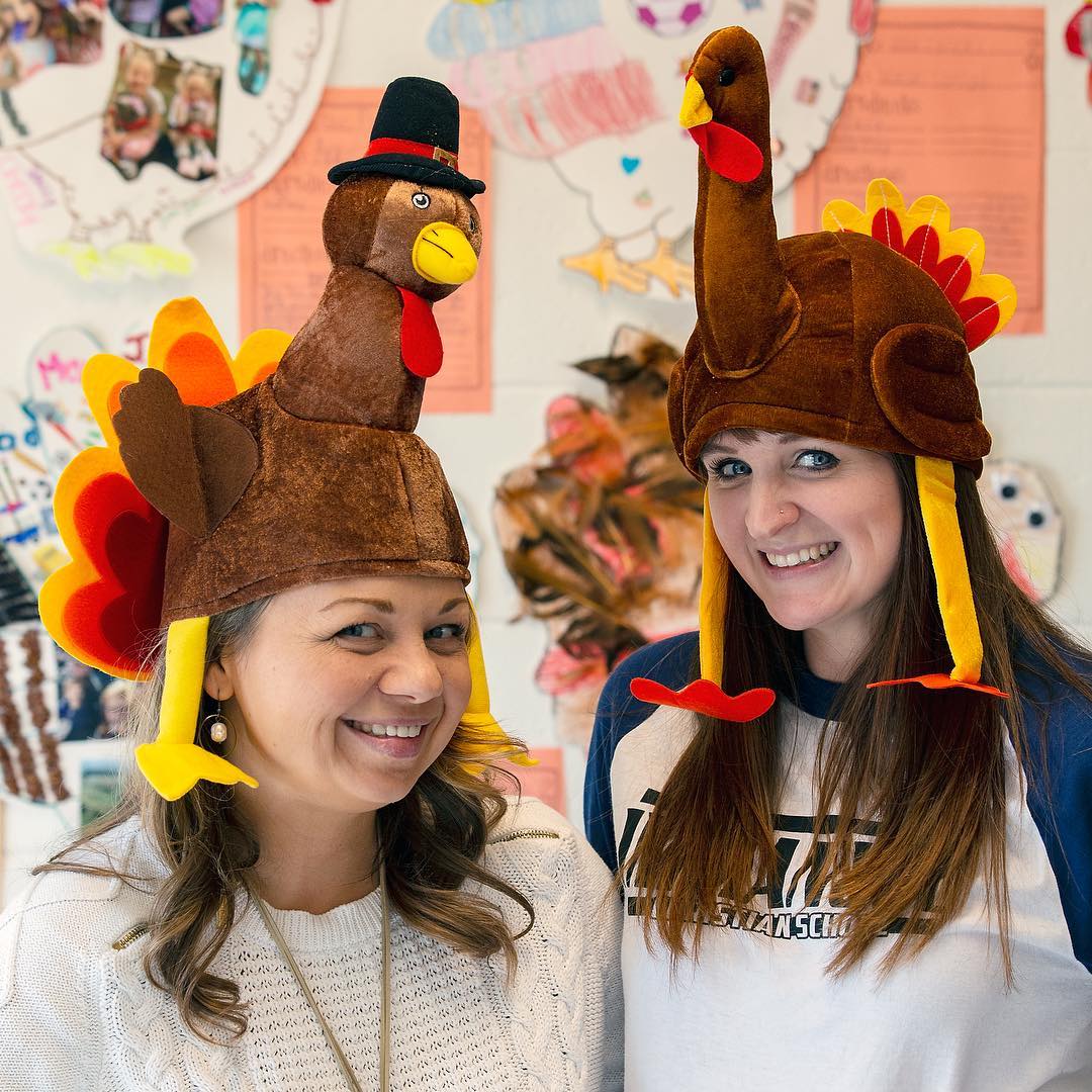 These turkeys escaped being the main course for a dinner by posing as hats sitting proudly on the heads of our teachers
