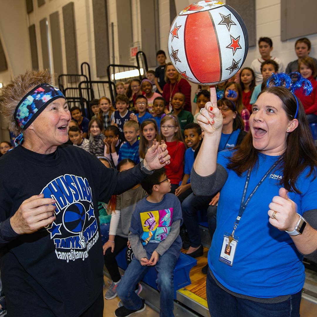 Even the teachers got into the act as Tanya Crevier brought her “Spin-tacular” basketball handling show to the students and faculty gathered in the school gymnasium